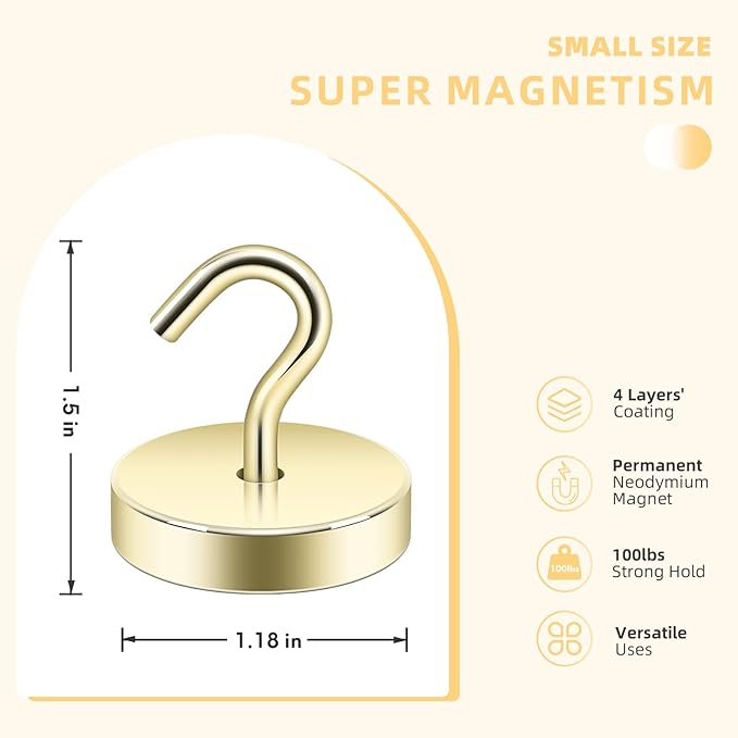 Neosmuk Magnetic Hooks, Cruise Ship Essentials, 100lb+ Heavy Duty Magnetic Hooks for Cruise Cabins, Refrigerator, Grill, Hanging, and Travel | Extra Strong Must-Have Magnet Hooks, Gold, 5 Pack