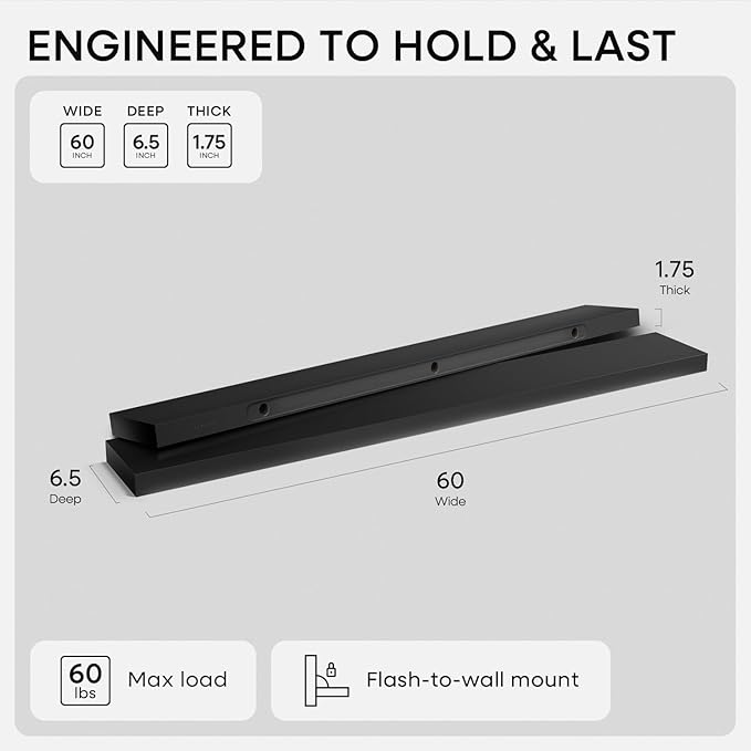 Homeforia Floating Black Shelf 60 inch, High End Solid Real Wood 60 inches Long Floating Shelves for Wall, Black Wooden 60inch Large Floating Shelves, Heavy Duty Bracket, 60 X 6.5 X 1.75 in, Set of 3