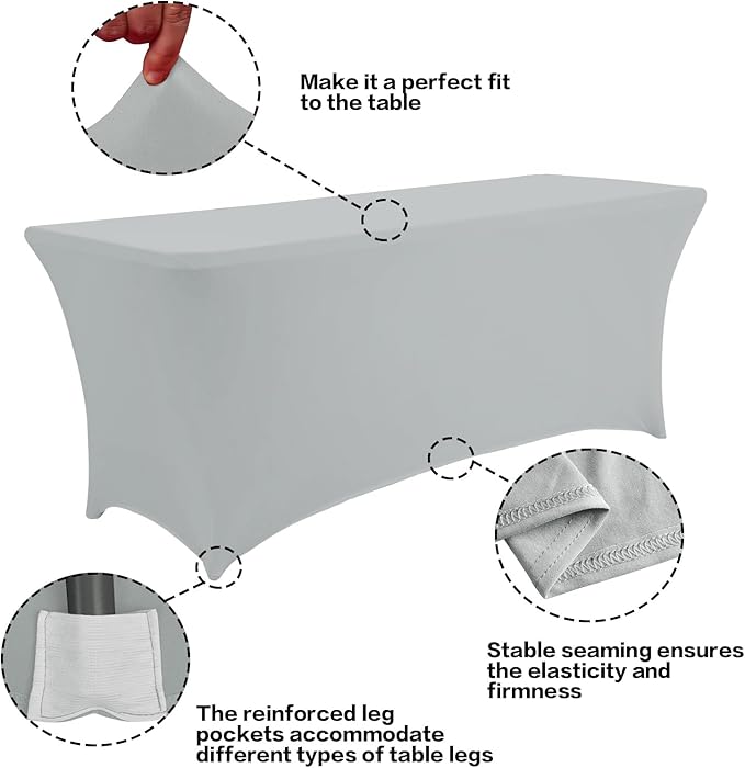 IVAPUPU 8FT Tablecloth for Rectangular Fitted Events Stretch Grey Table Covers Washable Cover Spandex Tablecloth Protector for Party, Wedding, Cocktail, Banquet, Festival