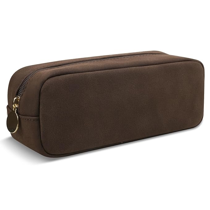 Waterproof Small Makeup Bag for Purse, Cute Pouch Preppy Suede Makeup Brush Holder with Zipper, Girls Teens Portable Storage Case Small Travel Toiletry Bag for Office (Slim-Coffee)