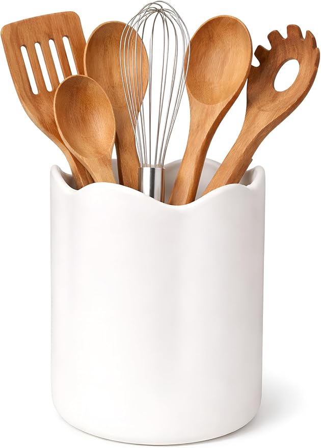 Ceramic Utensil Holder for Kitchen Counter, 7.1" Large Kitchen Utensil Holder for Countertop with Cork Bottom, Cooking Tool Organizer for Spatula, White