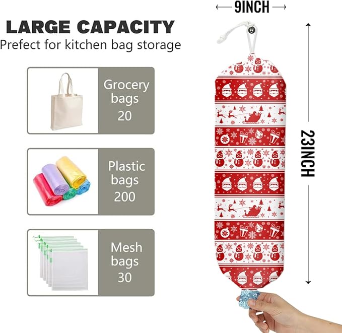 Red Grocery Bag Holder and Dispenser Christmas Snowman Santa Claus Elk Gift Snowflakes Pattern Plastic Bags Organizer Garbage Shopping Trash Bags Storage for Kitchen Home