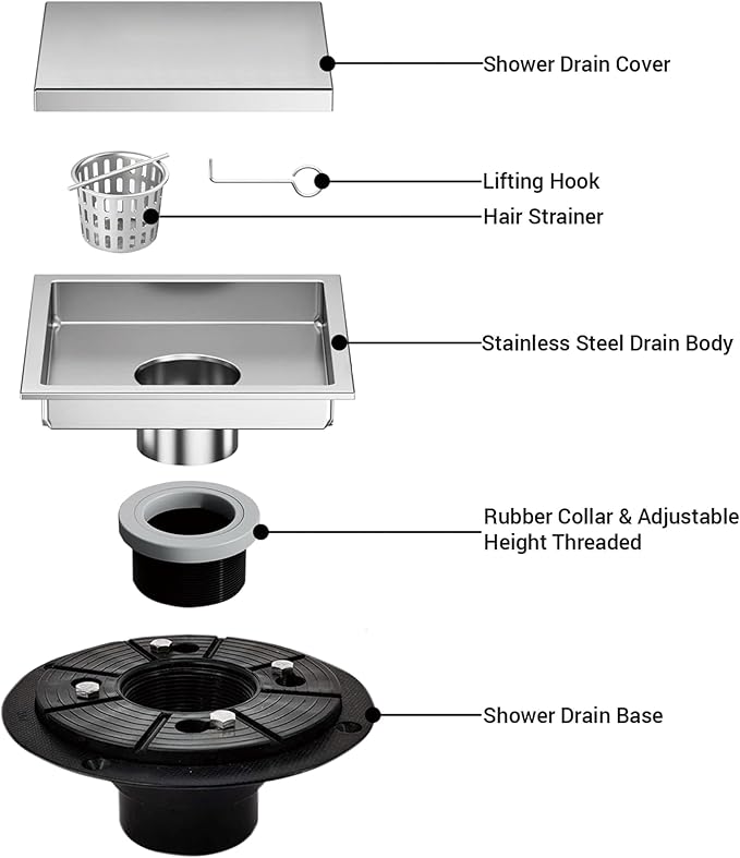 6 Inch Square Shower Floor Drain, Shower Drain Kit with Flange and 2 in 1 Tile-Insert Cover, Square Shower Drain, SUS 304 Stainless Steel Floor Drain, Silver