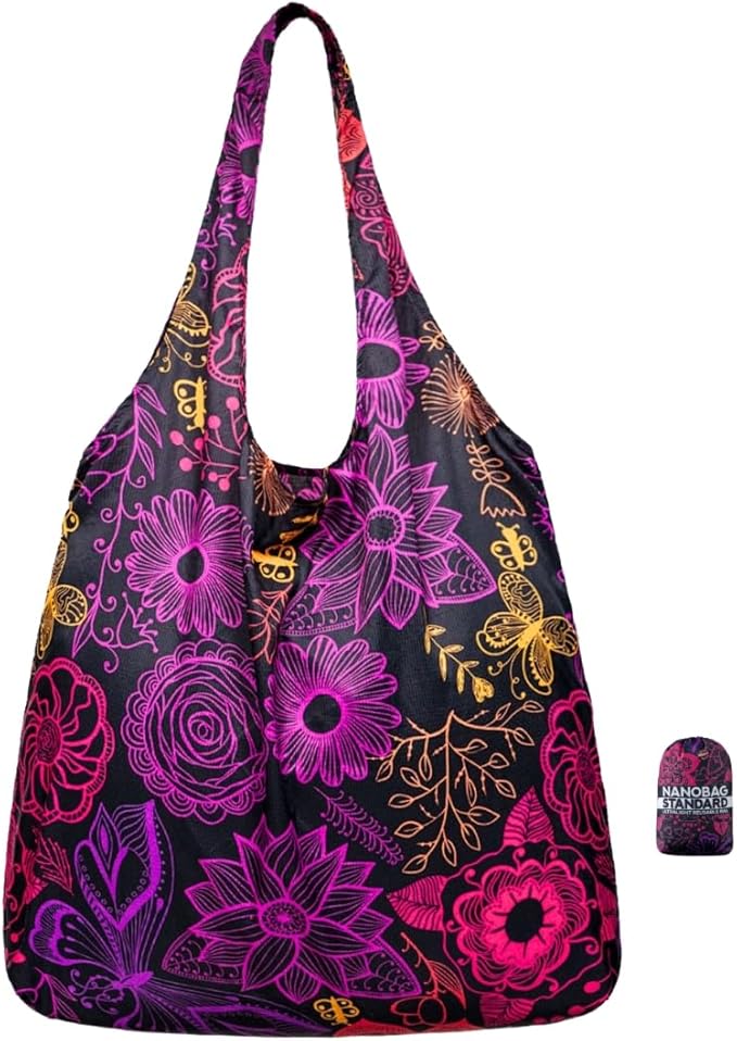 Nanobag Ultralight Foldable Tote for Women & Men, Reusable Grocery & Travel Bag, Packable Collapsible Compact Market Essential (Standard Neon Flowers)