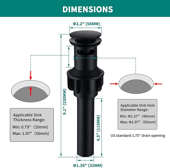 SevenGelok Black Sink Drain with Overflow Pop Up Sink Drain Stopper for Sink Faucet Vessel Vanity Bathroom Sink Drain Strainer with Hair Catcher Anti-Clog Strainer Matte Black, SD30-BK