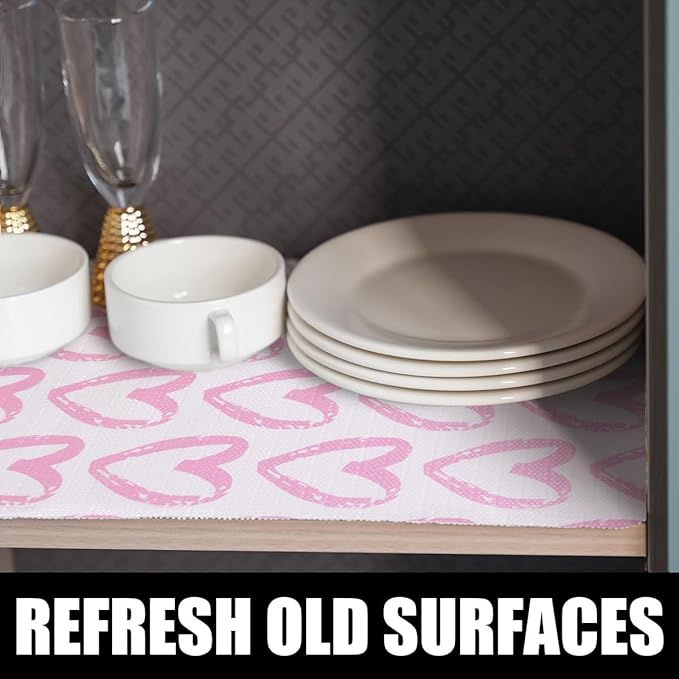 Heart Drawer Liner for Cabinets 16IN x 20FT, Shelf Liner Non-Adhesive and Strong Non-Slip Cabinet Drawer Liners for Kitchen, Table, Bookshelves, Waterproof Cupboard Liners, Pink