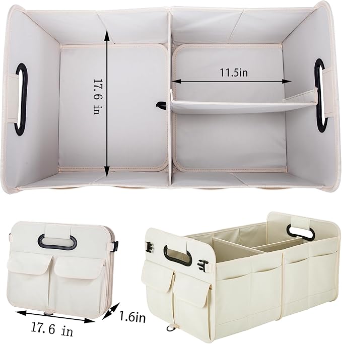 Trunk Organizer For SUV & Sedan, Car Organizers and Storage, Waterproof Collapsible & Adjustable Straps, 75L Sturdy Car Organization for Car Accessories, Tools, Sundries, 2-3 Compartment (Beige)