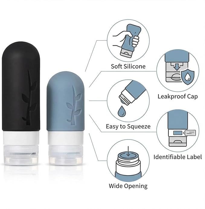 16 Pack Travel Bottles Set - TSA Approved Leak Proof Silicone Squeezable Containers for Toiletries, Conditioner, Shampoo, Lotion & Body Wash Accessories (Black)