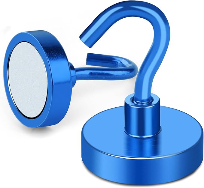 MIKEDE Magnetic Hooks 85Lbs Strong Neodymium Magnets with Hooks for Cruise Heavy Duty Earth Magnets Hooks for Refrigerator Outdoor Hanging Brackets Magnetic Hanger for Cabins (Blue, 10 Pack)