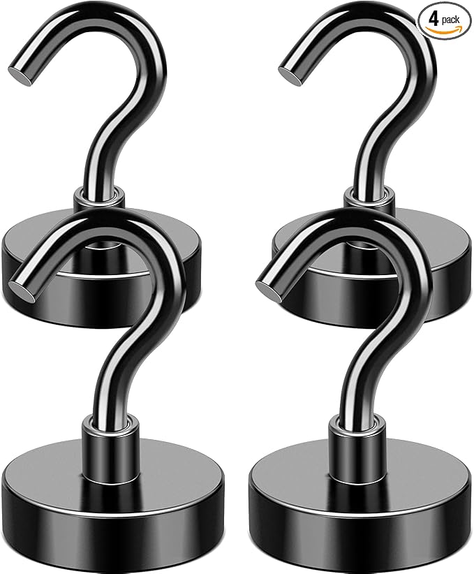 MIKEDE Magnetic Hooks, 50LB+ Heavy Duty Magnet Hooks for Cruise Cabins, Super Neodymium Hanging Hooks Black Strong Magnets with Hook for Fridge, Magnetic Hanger for Grill, Toolbox - Pack of 4