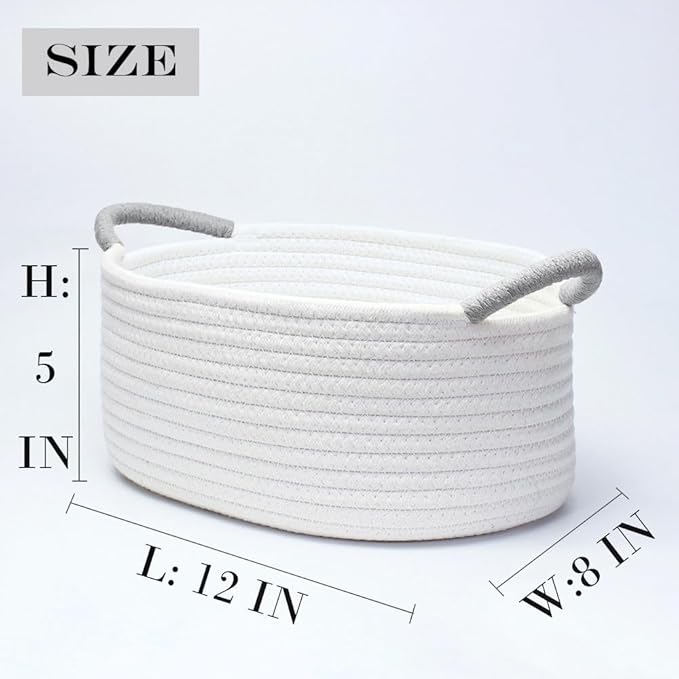 Yimi's Dream Basket for Gifting, Small Baskets for Shelves, White Cotton Rope Basket with Grey Handle for Decor, Baby Cat Dog Toy (Oval, 12"x 8"x 5")