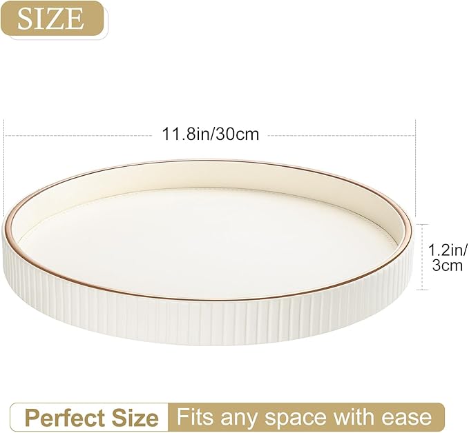 GORESE Round Decorative Serving Tray for Coffee Table Decor, 12" PU Leather Table Centerpiece Home Decor, Valet Tray for Trinket Jewelry Perfume Key, Ottoman Tray Nightstand Organizer, Cream White