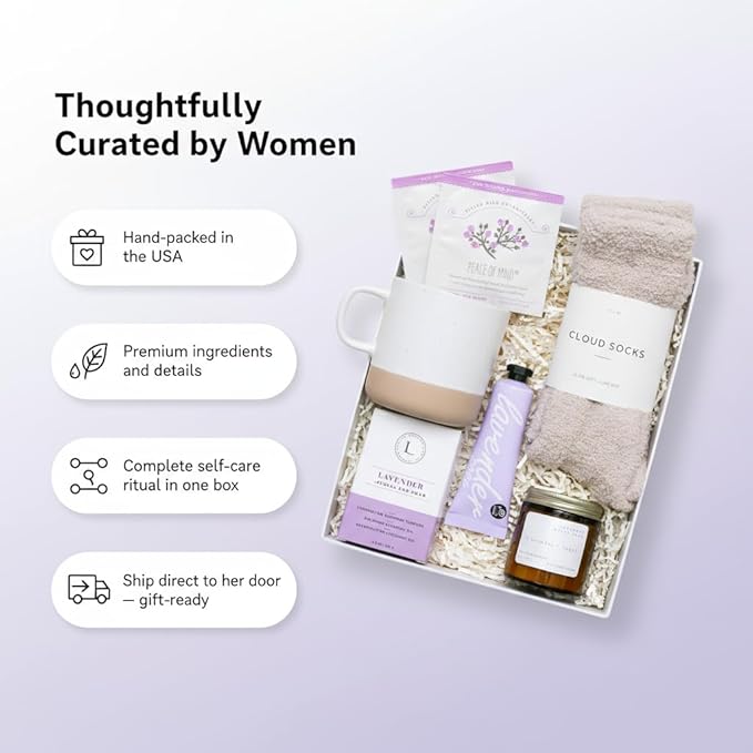 Unboxme Spa Gift Basket for Women - Lavender Self Care Gifts with Candle & Bath Bombs - Relaxation Care Package for Birthday, Get Well Soon, Christmas, Valentine's Day