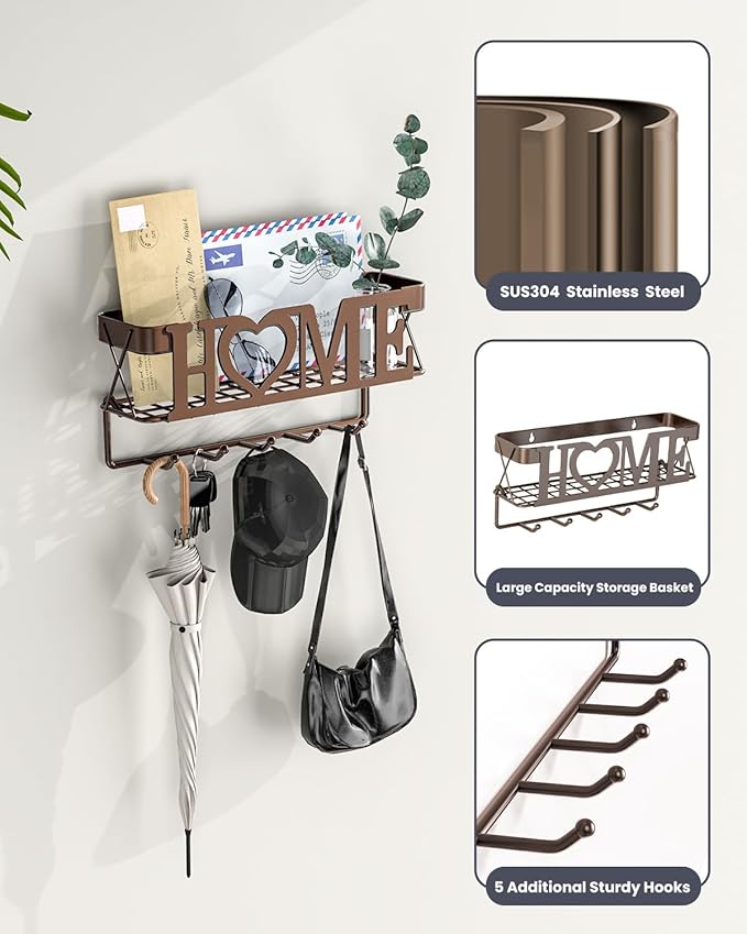 Key Holder Wall Mount - Adhesive Key Holder with 5 Hooks, Key Rack and Mail Organizer, Metal Basket Key Hanger for Entryway, Home, Living Room Decor, 11" L×2.8" W×4.9''H(Bronze)