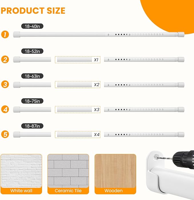 Oval Closet Rod for Hanging Clothes Adjustable Closet Rods 18 to 87 Inch Heavy Duty White Poles Bar Closet Rod Expandable for Wardrobes Laundry RV
