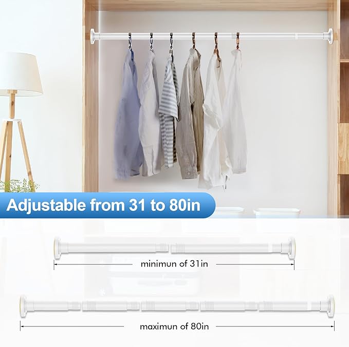 CorkLatta White Shower Curtain Rod 31 to 80 Inch,1 Inch Diameter Adjustable Spring Tension Stainless Steel Telescoping Rod,Easy Install,No Rust