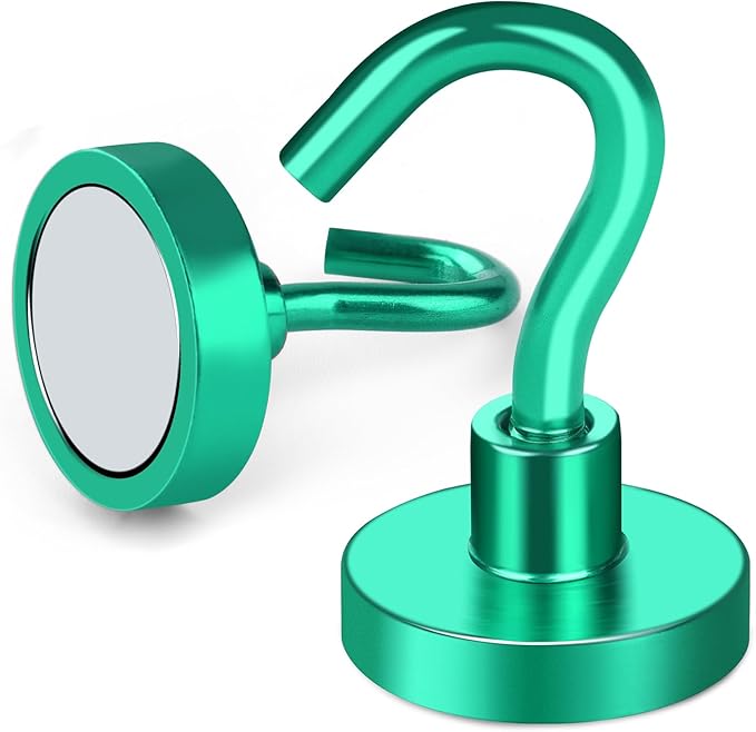 MIKEDE Magnetic Hooks Heavy Duty, 30LB+ Strong Magnets with Hook for Fridge, Neodymium Extra Strength Industrial Hooks for Hanging, Magnetic Hanger for Toolbox, Cruise, Grill(Green,4 Pack)