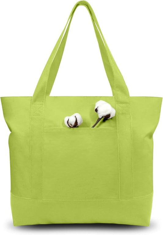 TOPDesign 6-Pack Canvas Tote Bags with an External Pocket, Reusable Grocery Shopping Bags, Top Zipper Closure, Daily Essentials (Light Green)