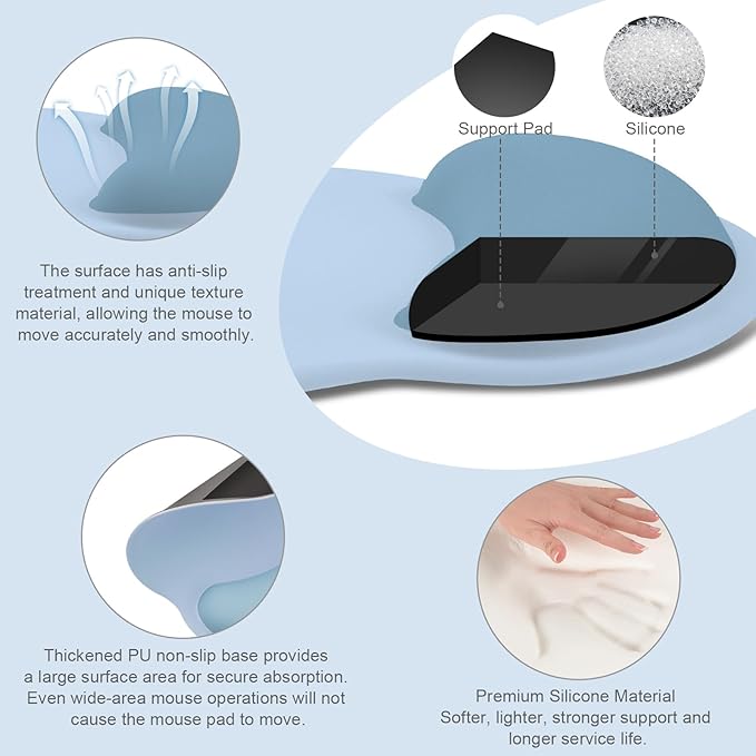 MOSISO Wrist Rest Support for Mouse Pad&Keyboard Set, Circle Curved Ergonomic Mousepad&Coaster Non-Slip Base Home/Office Pain Relief&Easy Typing Pad with Soft Cloth&Silicone Lining, Air Blue