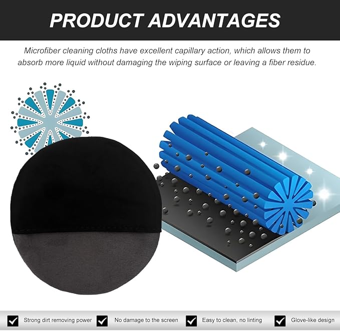 Car Screen Cleaner, 4.33"×4.33" Round Microfiber Cloth Auto Cleaning Wipes, Reusable Non-Scratch Touchscreen Cleaning Pad for Dashboard LCD Display Laptop, Car Accessories