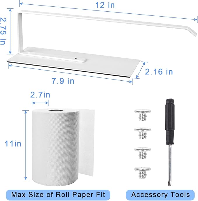 Paper Towel Holder Magnetic, Magnetic Paper Towel Holder for Fridge, Toilet Paper Roll Holder Magnet Towel Rack Wall Mount Shelf Bar for Towels Rolls Home Kitchen RV Dorm Wall Decor, White 2 Pack