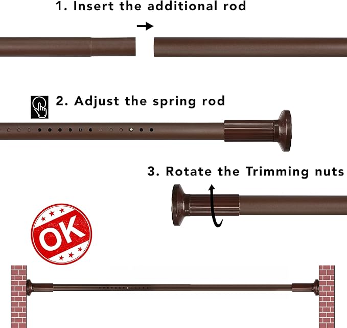 Tension Shower Curtain, Spring Shower Tension Curtain Rod, Closet Rod, for Windows or Shower, Rust Resistant Easy to Install, Umimile (Brown, 51-165”)