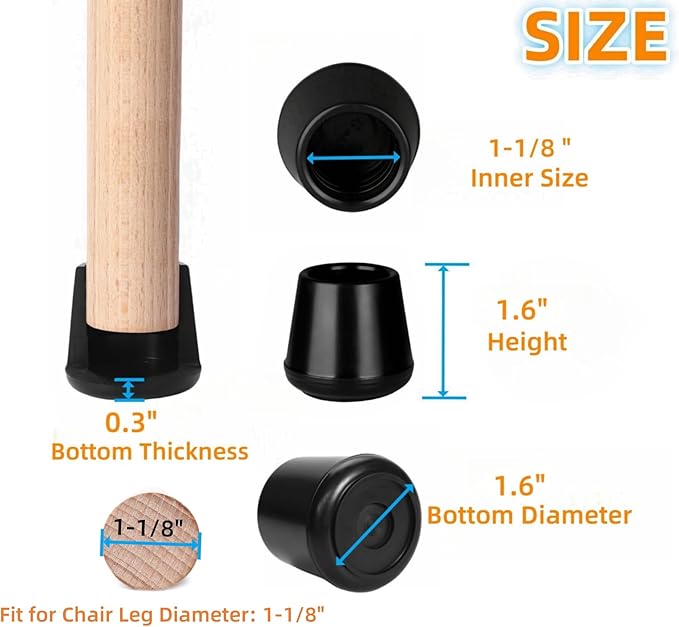 Furnigear Chair Leg Tips Caps Non-Slip Rubber Leg Tips 1-1/8” Inner Diameter Chair Leg Floor Protectors Round Black, 8 Pack