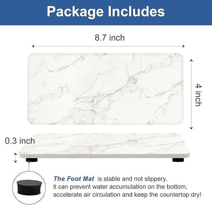 2 Pcs Water Absorbing Stone Drying Trays for Bathroom Sink Kitchen Counter Soap Dish Dispenser Sponge Holder White Ceramic Bathroom Vanity Quick Dry Stone Mat for Kitchen Sink Marble Diatomite Tray