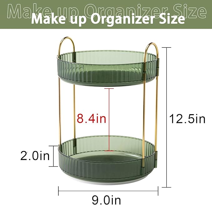 Rotating Makeup Organizer for Vanity, High-Capacity Skincare Makeup Storage Perfume Organizers Cosmetic Dresser Organizer Countertop 360 Spinning (Green, 3 Tier)