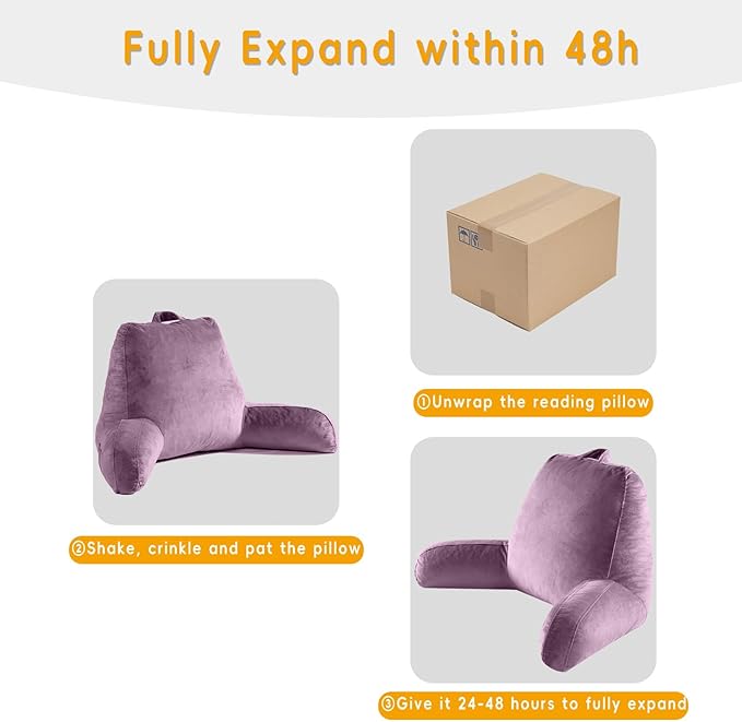 Reading Pillow for Sitting in Bed Adult, Reading Pillow with Shredded Memory Foam, Bed Pillow with Washable Cover, Back Pillow Sitting Up with Extend Arms, Purple, X-Large