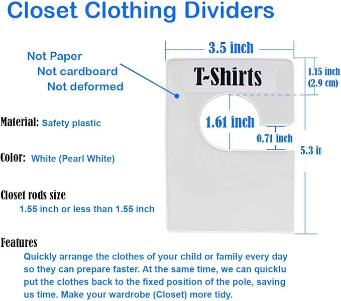16 Pack White Clothing Rack Size Dividers Plus 60 Labels (1 Inch) and 16 Large Blank Labels, Large Rectangular Clothing Closet Dividers (Pearl White)