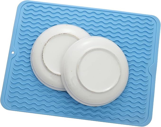 MicoYang Silicone Dish Drying Mat for Multiple Usage,Easy clean,Eco-friendly,Heat-resistant Silicone Mat for Kitchen Counter or Sink,Refrigerator or drawer liner Light Blue L 16 inches x 12 inches