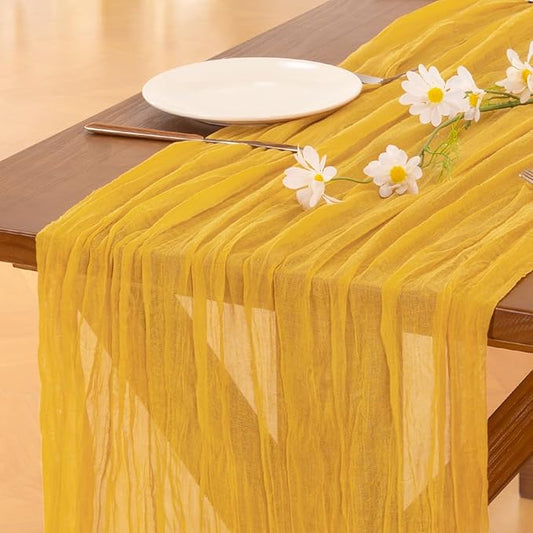 Socomi 6pcs Gold Yellow Summer Cheesecloth Table Runner Boho Rustic Gauze 120 inch 10FT Cheese Cloth Sheer Runner for Wedding Party Baby Shower Birthday Home Decor Holiday Decorations