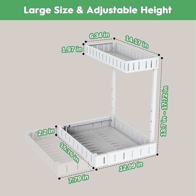 REALINN Under Sink Organizer, 2 Tier Expandable Under Cabinet Organizer, Height Adjustable Pull Out Storage for Kitchen Bathroom Laundry, White, 2 Pack