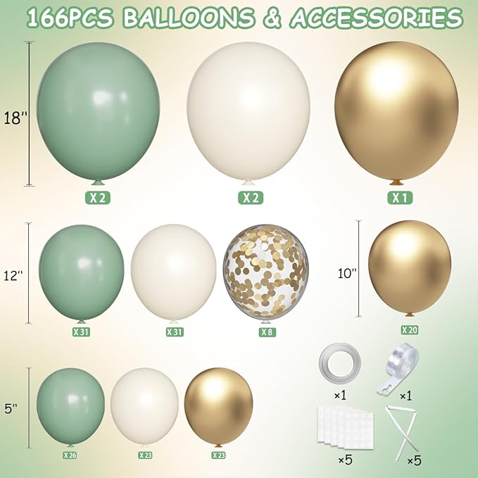 MEBAY Sage Green White Gold Balloon Arch Kit, 166Pcs Sage Green White Sand Gold Metallic and Gold Confetti Balloons Garland for Baby Shower Gender Reveal Wedding Jungle Safari Party Decoration