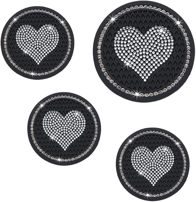 Car Coasters for Cup Holders, 2.75 Inch Auto Cup Holder Insert Coasters Silicone Anti-Slip Crystal Rhinestone Cute Drink Car Cup Mat, 4PSC Bling Car Accessories for Women & Lady (Heart Black)