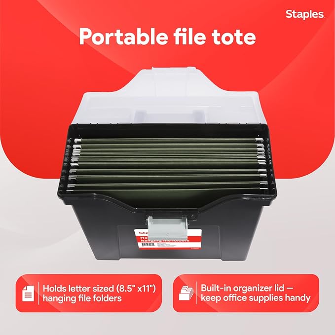 STAPLES File Box - Portable Storage Organizer, Letter Size, Black with Lift-Off Lid & Easy-Grip Handle