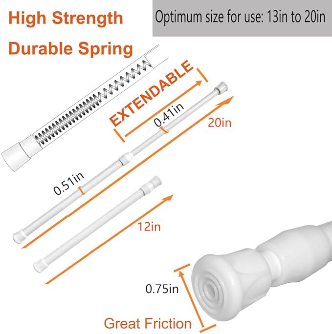 2 Pack Small Tension Rods 12 in to 20 Curtain Rods Window Rods in Extendable Width Spring Cupboard Bars for Kitchen Utensils, Closet, and Cabinet, Fit in The Spaces to Stay Up