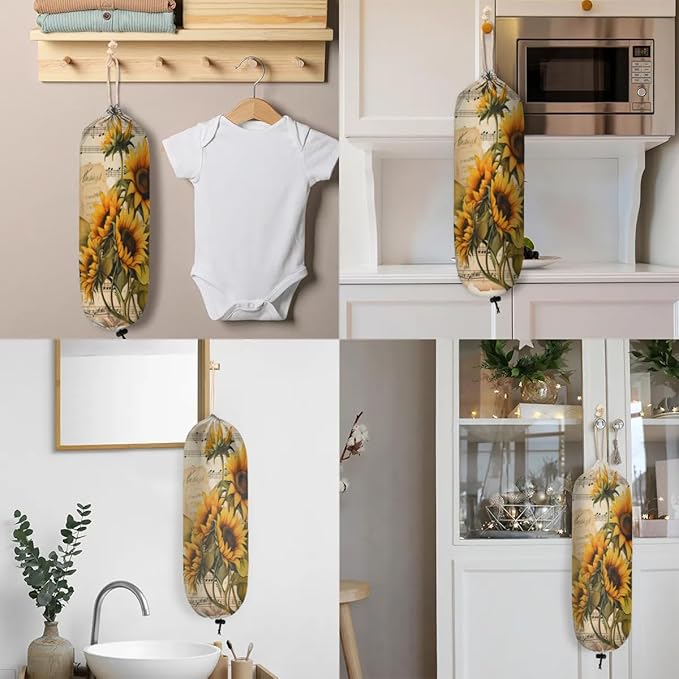 Sabokido Floral Sunflower Plastic Bag Holder Washable Musical Notes Grocery Bag Storage Dispenser Reusable Hanging Shopping Bags Carrier Wall Mount Plastic Bag Organizer for Home Kitchen Decor