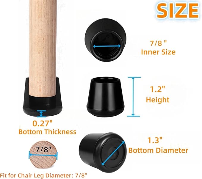 Furnigear Chair Leg Tips Caps Non-Slip Rubber Leg Tips 7/8” Inner Diameter Chair Leg Floor Protectors Round Black, 64 Pack