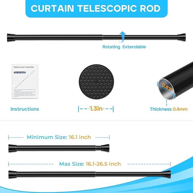Black Small Tension Curtain Rod 16 to 26 Inch,7/8" inch Adjustable Short Curtain Rod No Drilling,Spring Curtain Rod for Windows Kitchen Closet Doorway