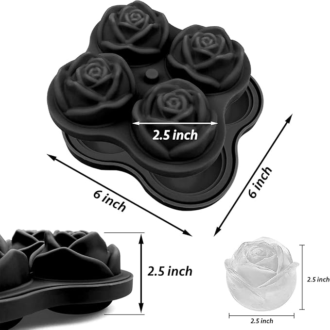 CAMKYDE Rose Ice Cube Tray 2.5 Inch [1 Mold + 1 Funnel + 4 Stoppers], 4 Cavity Silicone Rose Ice Cube Mold for Whiskey, Chilling Cocktails, Bourbon, Juice (Black)