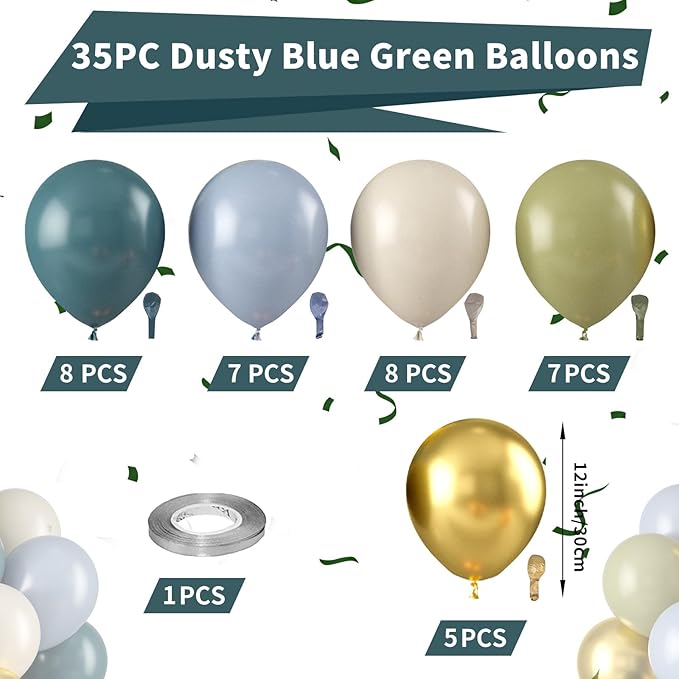 Dusty Blue Green Balloon, Sage Green and Retro Blue Balloons, Sand White Metallic Gold Sea Balloons for Women Men Boho Birthday Wedding Baby Shower Jungle Safari Wild Party Decorations