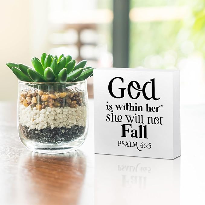God is Within Her She Will Not Fall, Christian Gifts Wooden Box Sign, Christian Bible Verse Religious Decor Rustic Farmhouse Home Office Table Decorations Wood Block Plaque