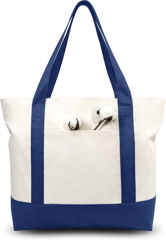 TOPDesign 3-Pack Canvas Tote Bags with an External Pocket, Reusable Grocery Shopping Bags, Top Zipper Closure, Daily Essentials (Blue/Natural)