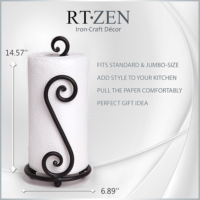 RTZEN Matte Black Paper Towel Holder Countertop - Decorative Farmhouse Paper Towel Roll Holder - Rustic Metal Modern Stand for Kitchen or Bathroom (Swirl)