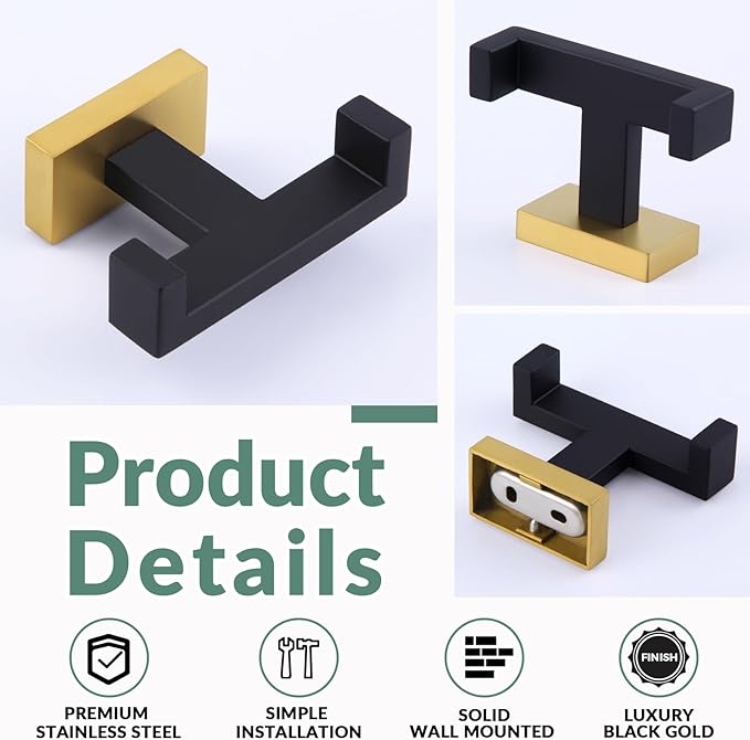 APLusee Black Gold Double Towel Hook, Heavy Duty Stainless Steel Robe Hook for Bathrooms, Wall Mounted