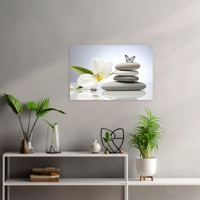 ARTZGX Zen Canvas Wall Art Spa Stones Picture Print Flower and Butterfly Painting Meditation Artwork Bathroom Yoga Decor Frame(Zen Flower - C 16.00" x 24.00")