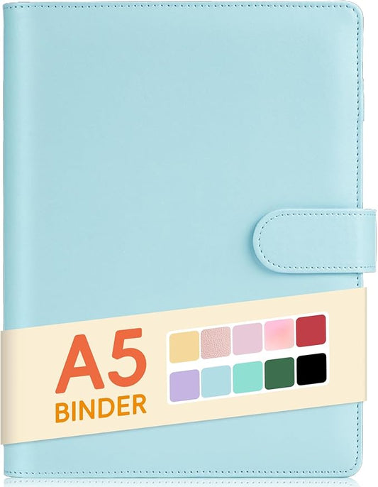 Sooez A5 Notebook Photocard Binder, 6 Ring Planner, Stylish Loose Leaf Personal Organizer Cover with Magnetic Buckle, PU Leather Binder Women with Macaron Colors (Mint Blue)