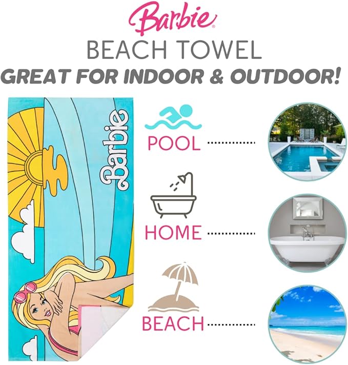 Barbie Super Soft Cotton Bath/Pool/Beach Towel, Barbiecore 58 in x 28 in, (Official Barbie Product) By Franco
